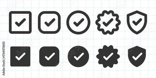 Set of checkmark icons in various shapes: square, circle, badge, shield. Black checkmarks on grid background. Checkmark icons for design, checkmark symbols. Vector element set.