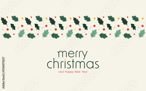 Merry Christmas banner. Christmas holly berry leaves isolated. Cute holly isolated. Vector illustration. Template.