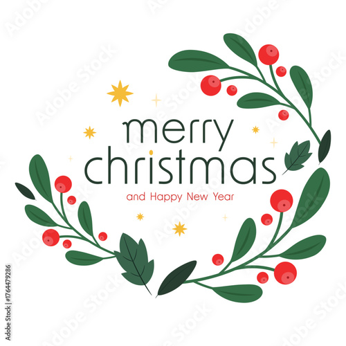 Merry Christmas banner. Christmas holly berry leaves isolated. Cute holly isolated. Vector illustration. Template.