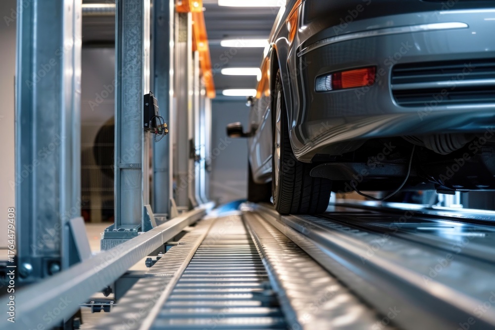 Fototapeta premium Modern automated parking system lifting a car in a parking garage, optimizing space and efficiency
