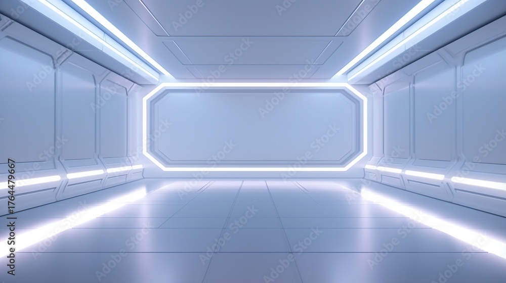 Obraz premium Futuristic sterile brightly lit laboratory or spaceship corridor with glowing white light panels