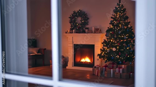 Cozy Christmas Eve Scene with Fireplace and Decorated Tree Viewed Through a Window.