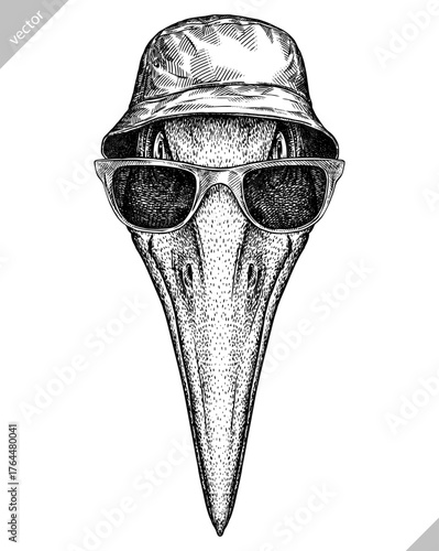 Vintage engraving isolated pterosaur glasses dressed fashion set illustration pterodactylus ink sketch. Flying dinosaur background silhouette Jurassic sunglasses hipster hat art. Vector image