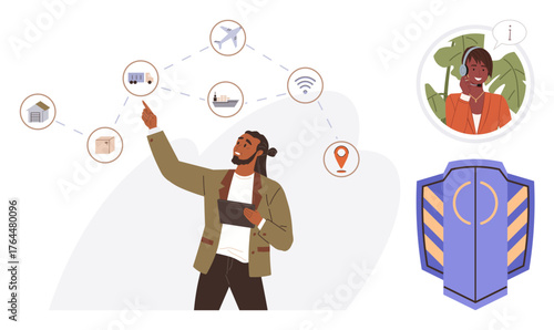 Man with tablet points to logistics network icons connected by dots, representing transport, communication, a shield for data security, and a support agent. Ideal for logistics, tech, communication