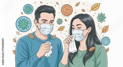 illustration showing people wearing masks, coughing, and using tissues, surrounded by floating virus icons and autumn leaves