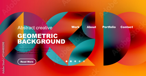 Vibrant geometric design. Abstract shapes, gradients create modern website header. Text promotes portfolio, contact options visible.