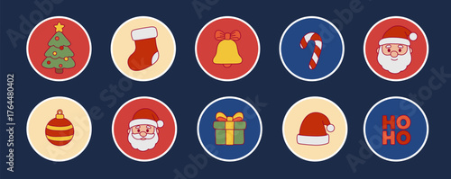 Christmas circle icons set with Santa, tree, gifts, candy cane, stocking, bell and ornaments. Cute retro cartoon xmas illustration, festive vector stickers for holiday, winter and new year celebration