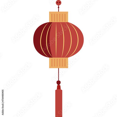 Red Chinese Lantern With Yellow Accents And Tassel Hanging Against White Background Studio Shot