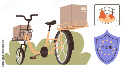 Cargo bike carrying packages, data chart, GDPR compliance shield. Ideal for sustainable logistics, privacy, business, supply chain, security data analysis themes. Simple flat metaphor