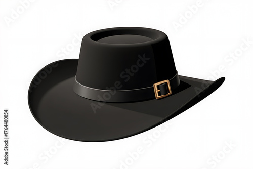 Classic black hat with a wide brim and decorative buckle, evokes a sense of history and style.