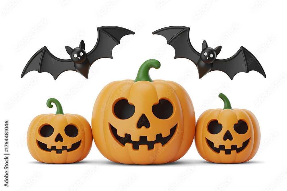Fototapeta premium Festive pumpkins with carved faces, surrounded by bats, evoke a spooky Halloween atmosphere.