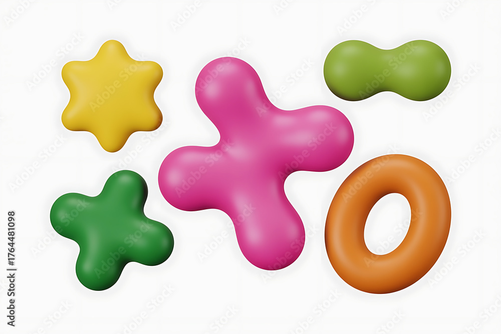 Obraz premium Colorful abstract shapes, including a star, ring, and blob, playfully arranged together.