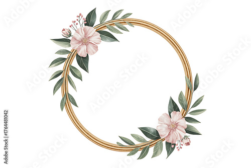 Elegant floral wreath with delicate pink blossoms and lush green foliage, creating a natural frame.
