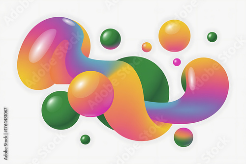 Vibrant, flowing abstract shapes and spheres in a spectrum of colorful hues.