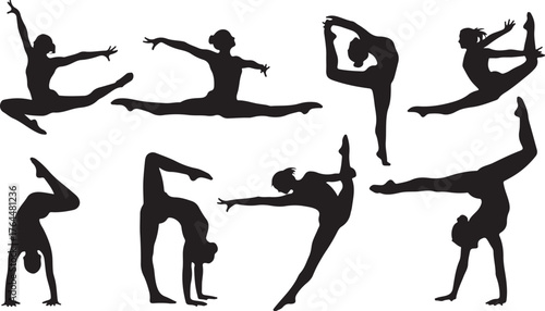 Dynamic gymnastics silhouettes displaying athleticism flexibility and graceful sports movements