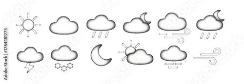 Weather sketch icons with sun, clouds, rain, snow, moon and wind. Handdrawn weather doodle set, cute vector illustration with pencil texture and sketch style for climate, forecast and weather design