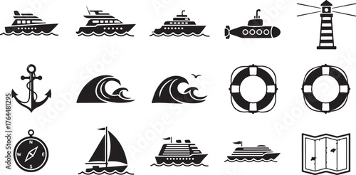 Diverse maritime symbols collection nautical vessels lighthouse anchor waves compass and map graphics
