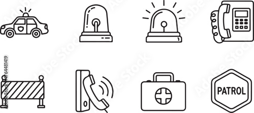 Hand drawn emergency service icons police patrol first aid kit telephone and siren set
