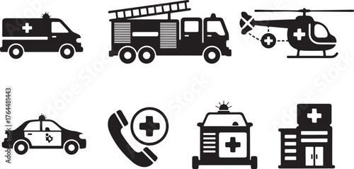 Collection of essential emergency service icons ambulance fire truck police car helicopter medical facility