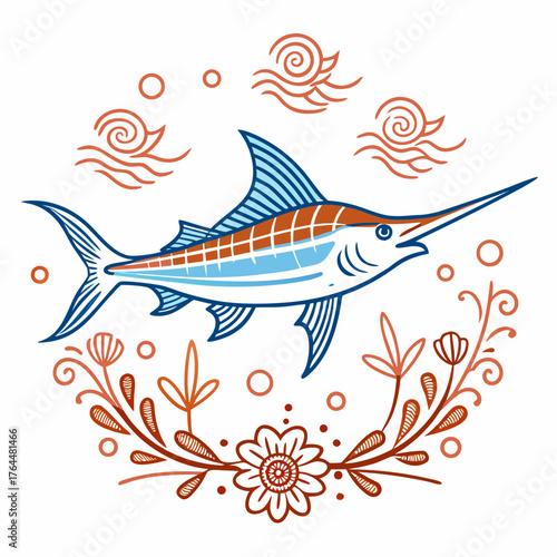 Stylized Marlin Fish Illustration with Decorative Floral and Wave Elements