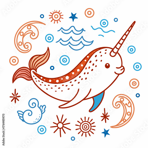 Cute Cartoon Narwhal with Ocean Elements Folk Art Illustration