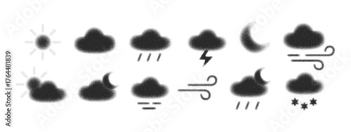 Weather vector icon set with sun, clouds, rain, snow, storm, wind and moon. Handdrawn weather sketch illustration with dot texture and grain shading. Cute icons for forecast, climate and season design
