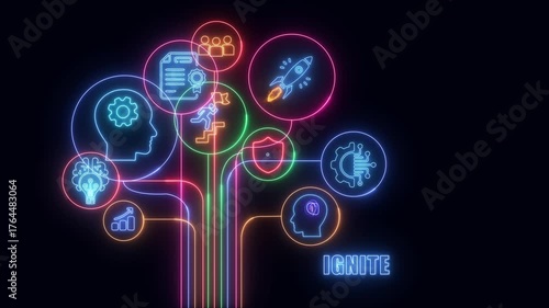 Wallpaper Mural business shows glowing neon line banner of IGNITE concept with icons of responsibility, customers, integrity, goals, teamwork, commitment and innovation isolated on transparent background. Torontodigital.ca