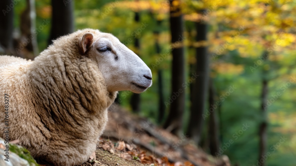 Obraz premium Sheep resting quietly in a serene forest setting with autumn leaves under soft natural light