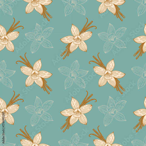 Vanilla aromatic spice pattern, cream flowers and golden vanilla bean sticks pattern on pastel blue background.