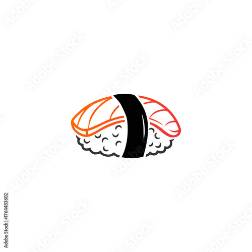 Stylized vector graphic of a sushi nigiri with salmon, rice, and nori seaweed on a white background.