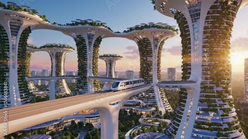 Animated aerial view of a futuristic solarpunk city with a monorail. Sustainable skyscrapers feature vertical gardens and solar panels. Green technology and eco-friendly urban living concept