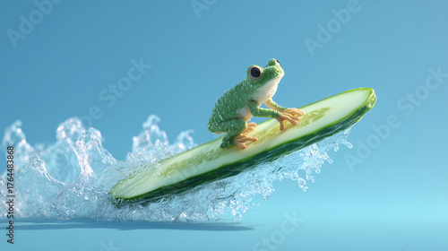 Adorable Green Frog Surfing on a Cucumber Slice with a Water Splash