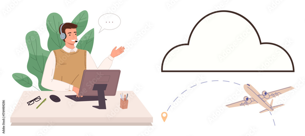 Fototapeta premium Customer service representative with headset at desk, cloud for data storage, airplane symbolizing travel. Ideal for travel management, customer support, tourism, cloud computing, aviation, remote