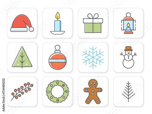 A set of flat Christmas vector icons holiday symbols Santa hat, candle, gift, lantern, tree, ball, snowflake, snowman, berry branch, wreath, gingerbread man. Bright pastel colors, minimalist design