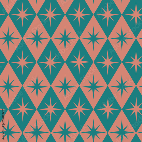 Mid Century Retro Starbursts on soft coral and teal diamond shapes seamless pattern. For home décor, wallpaper and retro posters.