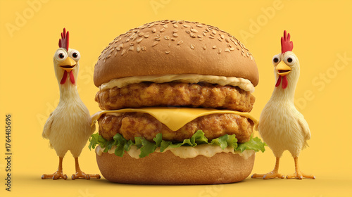 Two Cartoon Chickens Standing Next to a Large Double Chicken Burger on a Yellow Background