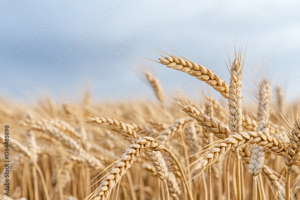 Fototapeta premium Ears of golden wheat on a background of blue sky with clouds