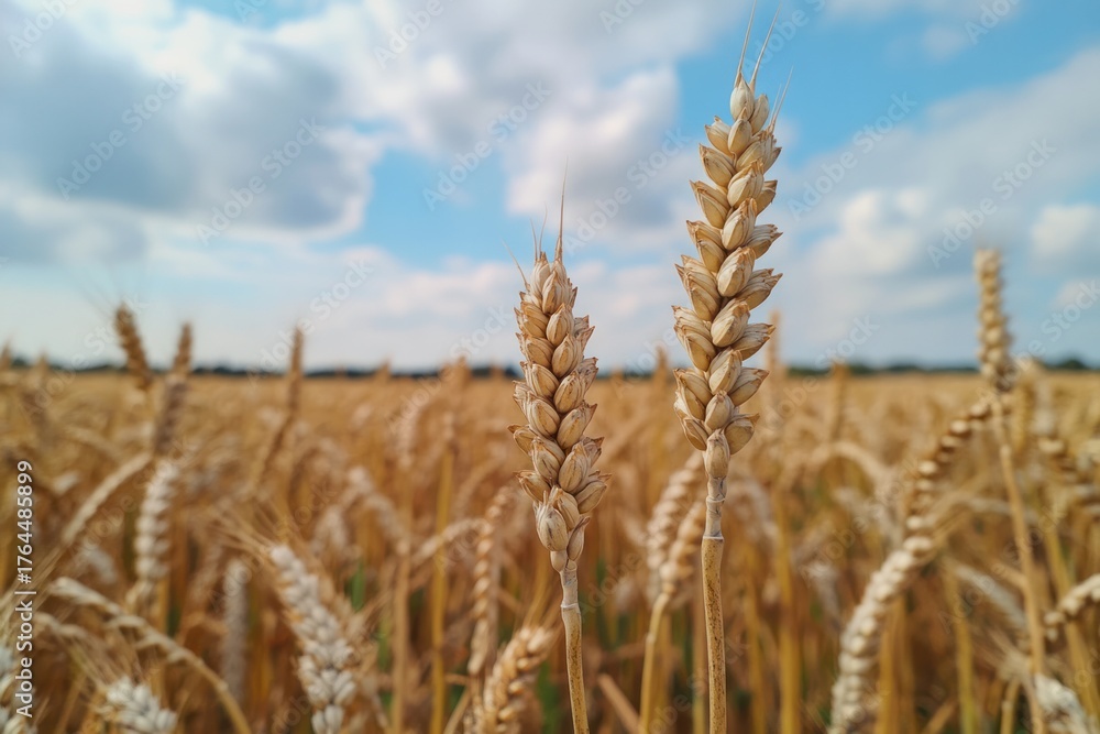Fototapeta premium Ears of golden wheat on a background of blue sky with clouds