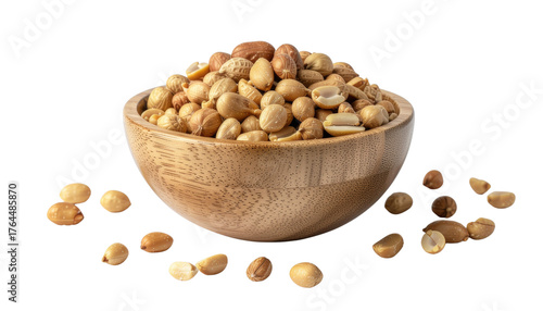 Shelled peanuts in a wooden bowl isolated on solid white background 
Png format