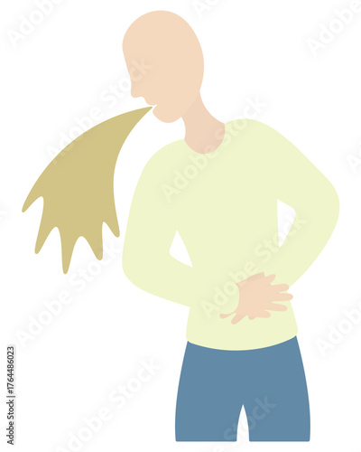 A patient is nauseous. The man is unwell and vomiting. Color vector illustration. The patient has indigestion and is holding his stomach. Isolated on white background. Flat style. Medical theme.