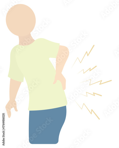 Back pain. The patient is bent over and holding his back with his hand. Sparks are coming from the back. Color vector illustration. Isolated background. Flat style. Medical theme. Web design idea.