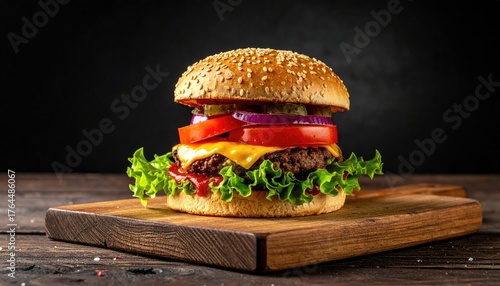 Juicy Cheeseburger with Sesame Seed Bun Lettuce Tomato Onion Pickles and Melted Cheese on Wooden Board with Dark Background