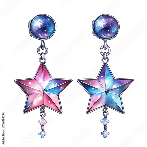 Star Earrings, watercolor vector, isolated on a white background.