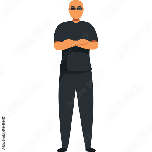 Pixelated Illustration of a Bald Man in Sunglasses and Black T-Shirt with Arms Crossed on Transparent Background