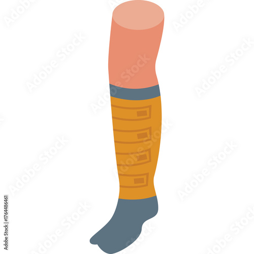 Pixelated illustration of a prosthetic leg with orange compression bands and gray foot cover against a white background