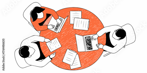 Overhead View Business Meeting Illustration Round Table Discussions and Collaborative Teamwork for Effective Decision Making and Strategic Planning