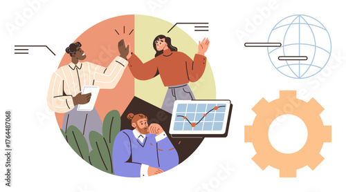 Diverse team discussing ideas, sharing a high-five, analyzing graph trends, and contemplating solutions. Ideal for teamwork, strategy, growth, innovation, project management global connection