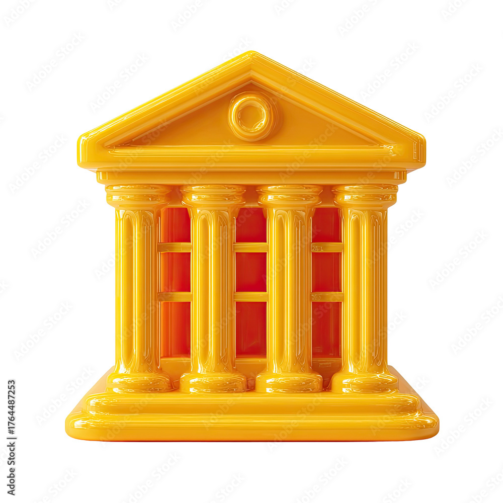 Fototapeta premium A small, golden-yellow plastic model of a classical temple with six columns, a pediment, and a simple rectangular structure