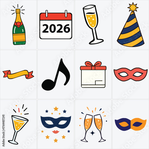 New Year's Eve celebration icons with champagne and masks