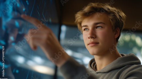 Young person interacting with futuristic digital interface, bright future